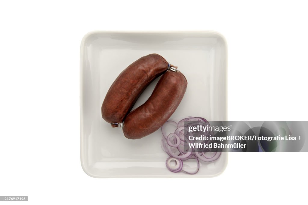 Blood sausage with onion slices on a plate, cropped, studio shot against a white background, cropped