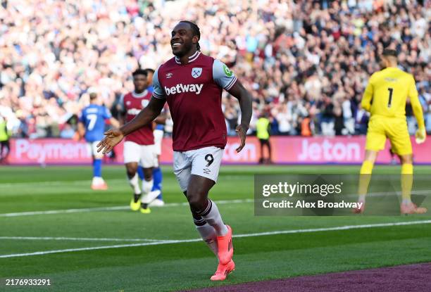 Michail Antonio of West Ham United celebrates scoring his team's first goal during the Premier League match between West Ham United FC and Ipswich...