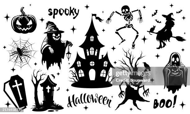 halloween silhouette elemente set. vektor - menschliches skelett stock-grafiken, -clipart, -cartoons und -symbole