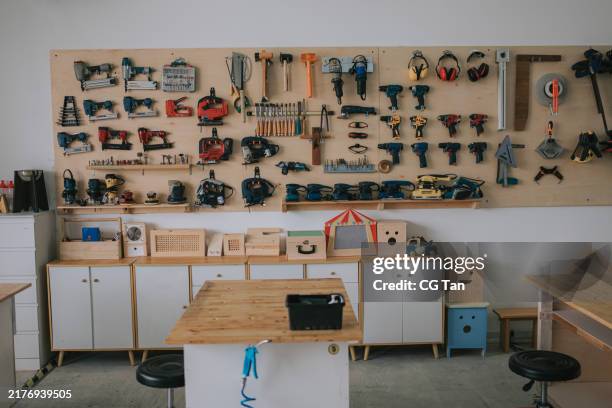 hand tools , craft product and workbench in carpentry workshop - workbench stock pictures, royalty-free photos & images