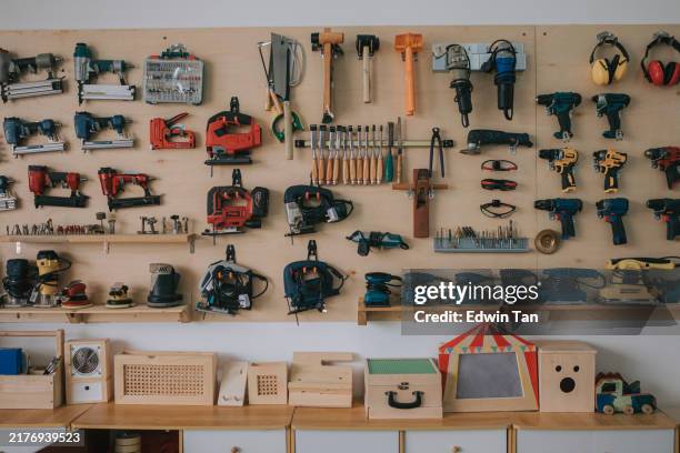 hand tools , craft product and workbench in carpentry workshop - power tool stock pictures, royalty-free photos & images
