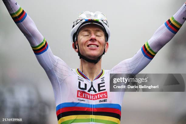 Tadej Pogacar of Slovenia and Team UAE Team Emirates celebrates at finish line as race winner during the 107th Giro dell'Emilia 2024 a 215.3km one...