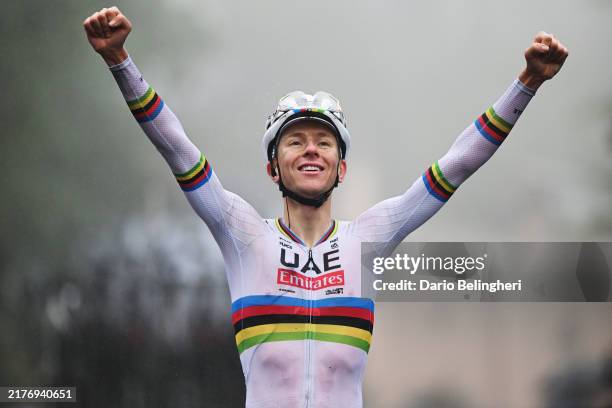 Tadej Pogacar of Slovenia and Team UAE Team Emirates celebrates at finish line as race winner during the 107th Giro dell'Emilia 2024 a 215.3km one...
