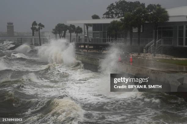 Waves crash along St. Pete Pier in St. Petersburg, Florida, as Hurricane Milton is expected to make landfall tonight on October 9, 2024. Milton...