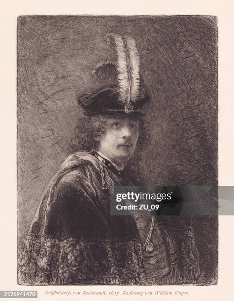 self-portrait, painted (1635) by rembrandt, etching, published in 1891 - national trust stock illustrations