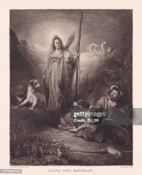 diana and endymion, painted by govert flinck, etching, published 1891 - goddess stock illustrations