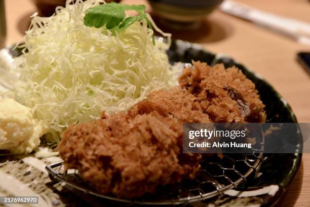 tonkatsujapanese pork cutletrice served separatelycrispy breaded porkshredded cabbagetonkatsu saucejapanese cuisinetraditional meal - tonkatsu stock pictures, royalty-free photos & images