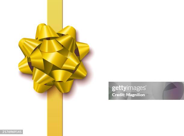 vertical glossy golden bow with ribbon, vector illustration - yellow present box stock illustrations