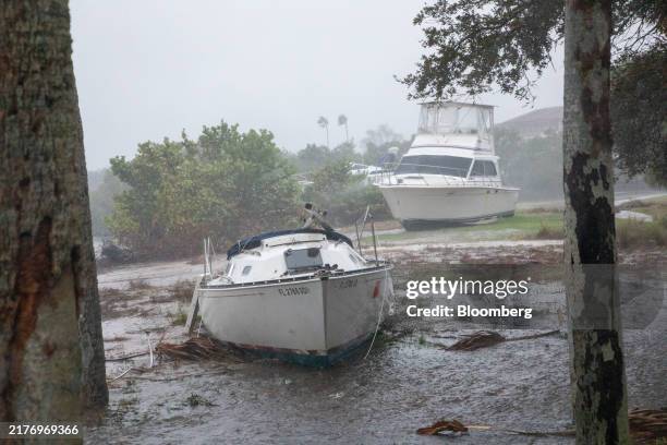Beached boats during Hurricane Milton in St. Petersburg, Florida, US, on Wednesday, Oct. 9, 2024. Hurricane Milton churned toward Florida's west...