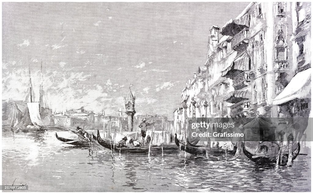 Grand Canal with gondola in Venice Italy illustration 1885