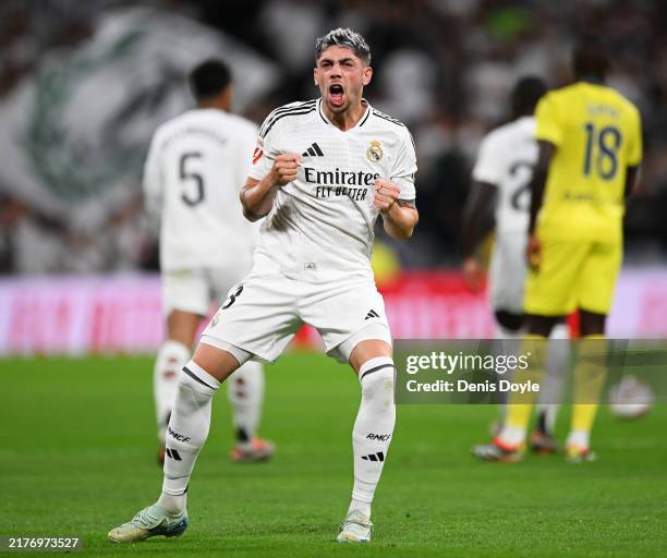 Federico Valverde of Real Madrid celebrates scoring his team's first goal during the LaLiga match between Real Madrid CF and Villarreal CF at Estadio...