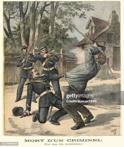 history crime and law enforcement, shoot out between an armed criminal and french gendarmes , 1891, 19th century, vintage illustration - national gendarmerie stock illustrations