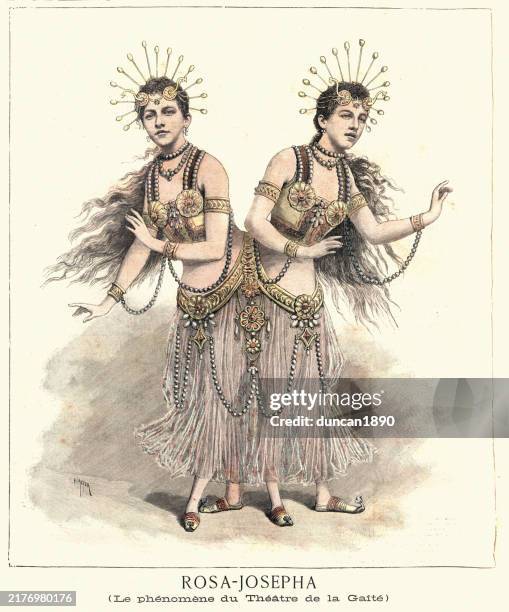 rosa and josepha blazek conjoined twins and sideshow performers, 1890s, 19th century, vintage illustration - belly dancer stock illustrations
