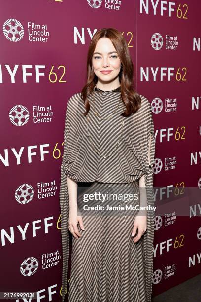 Emma Stone poses backstage during the screening of "A Real Pain" during the 62nd New York Film Festival at Alice Tully Hall, Lincoln Center on...