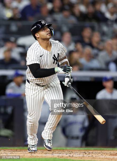 Gleyber Torres of the New York Yankees hits a two run home run against the Kansas City Royals during the third inning in Game One of the Division...