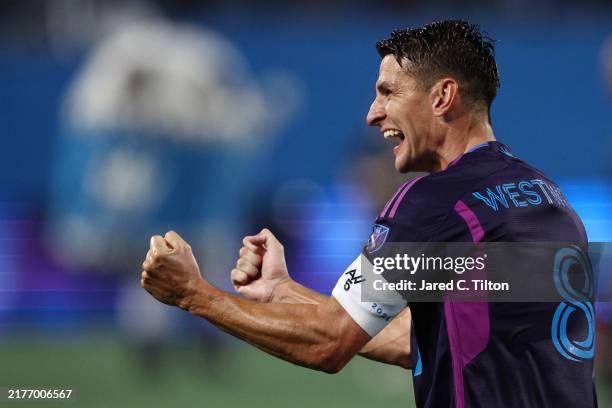 Ashley Westwood of Charlotte FC celebrates following their 2-0 victory over CF Montréal at Bank of America Stadium on October 05, 2024 in Charlotte,...