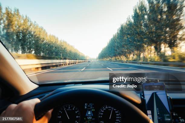 view of a driver on freeway - cruscotto foto e immagini stock
