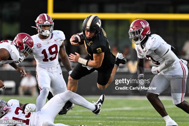 Diego Pavia Vanderbilt Commodores carries the ball against the Alabama Crimson Tide in the second half at FirstBank Stadium on October 5, 2024 in...