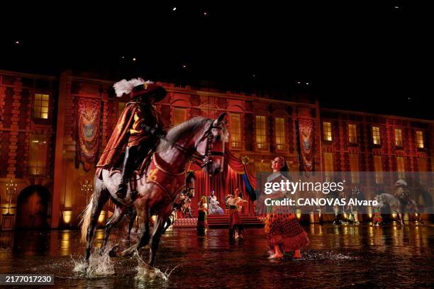 Launched in 1978, the "Puy du fou" amusement park stages tableaux vivants recounting the history of France. Here, the on-stage finale of the...