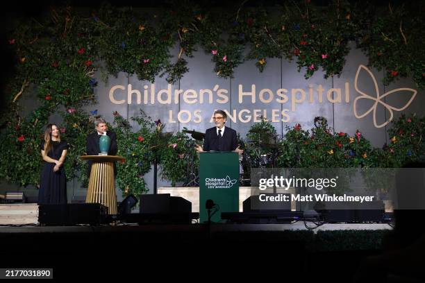 Kaley Cuoco, Paul S. Viviano and Chuck Lorre speak onstage during the Children's Hospital Los Angeles Gala 2024 at JW Marriott LA Live on October 05,...
