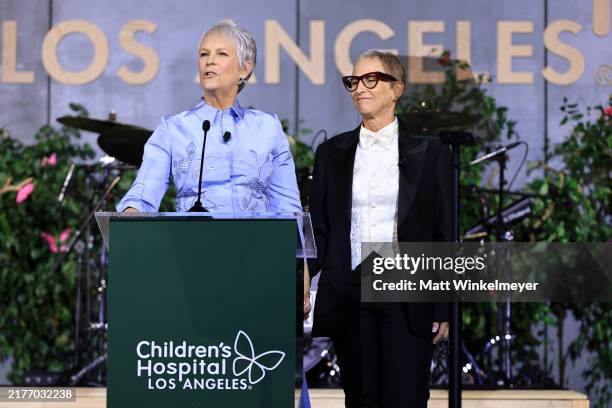 Jamie Lee Curtis and Kelly M. Johnson speak on stage during the Children's Hospital Los Angeles Gala 2024 at JW Marriott LA Live on October 05, 2024...