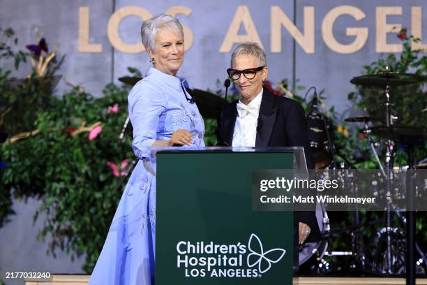 Jamie Lee Curtis and Kelly M. Johnson speak on stage during the Children's Hospital Los Angeles Gala 2024 at JW Marriott LA Live on October 05, 2024...