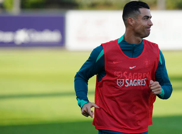Cristiano Ronaldo of Portugal in action during the Portugal Training Session at Cidade do Futebol FPF on October 10, 2024 in Oeiras, Portugal.