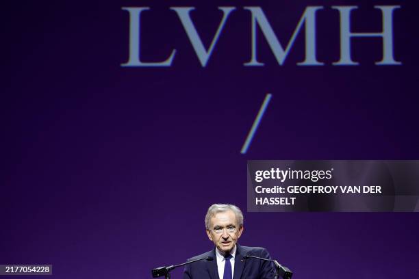 Chairman and CEO Bernard Arnault delivers a speech during the event "Show Me Paris" that celebrates the 10th anniversary of the LVMH Group's Metiers...