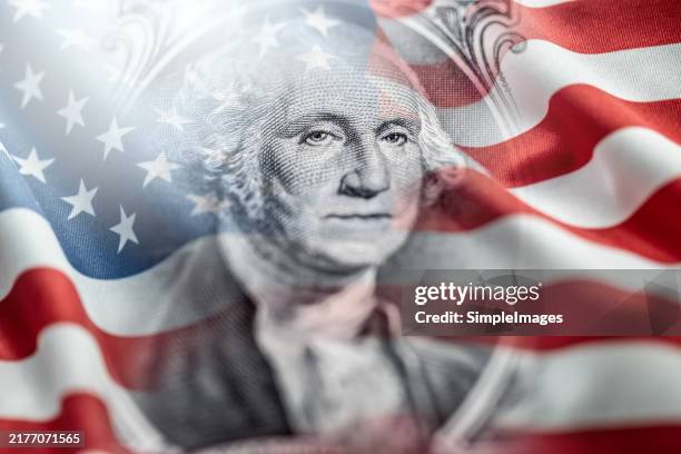composition of the american flag with a portrait of george washington on a one-dollar bill. concept of money, independence, election, culture or american currency. - george washington stock pictures, royalty-free photos & images