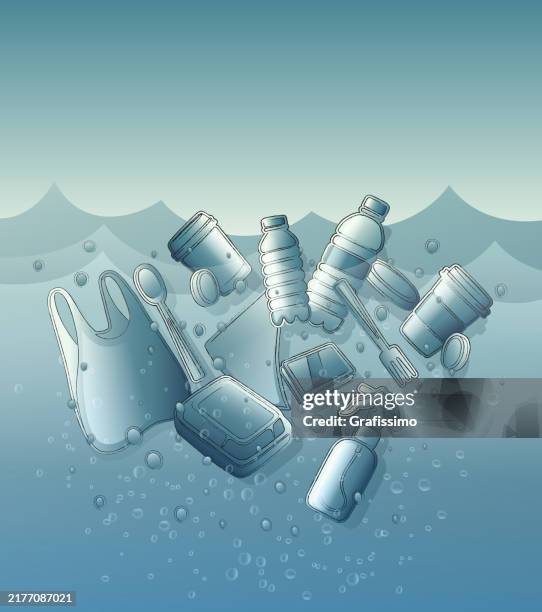 plastic garbage floating in ocean as concept of water plastic pollution and global warming - polypropylene stock illustrations