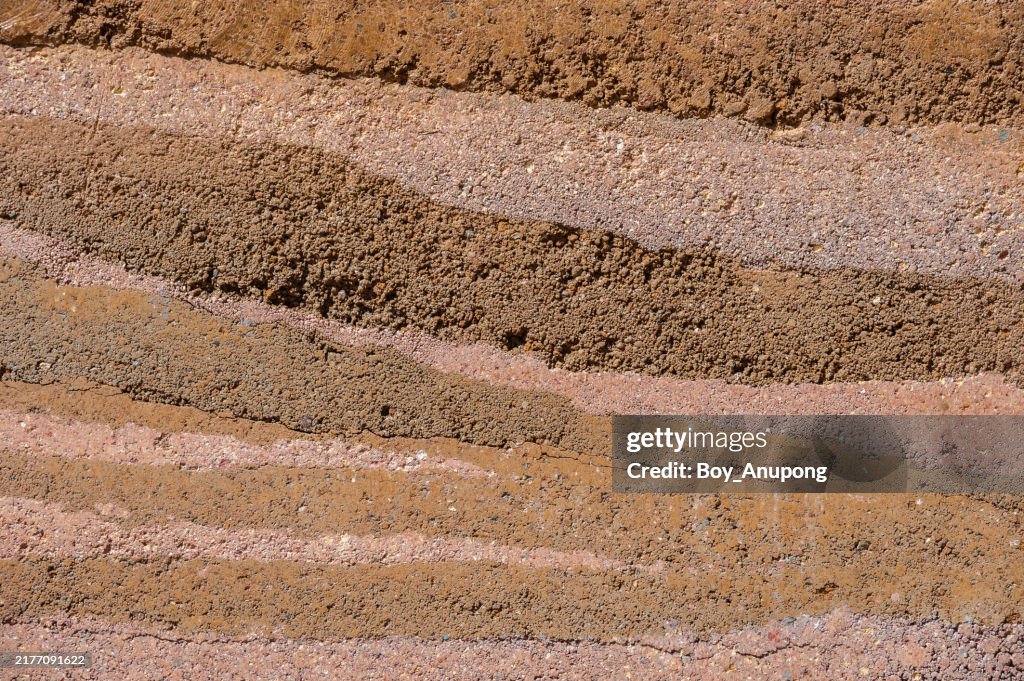 Full frame shot of an earthen wall layer and texture of clay house structure.