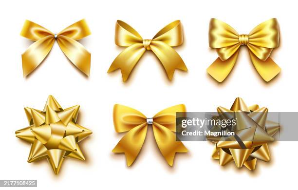 six elegant golden bows in different styles for decoration and gifts - hair bow stock illustrations