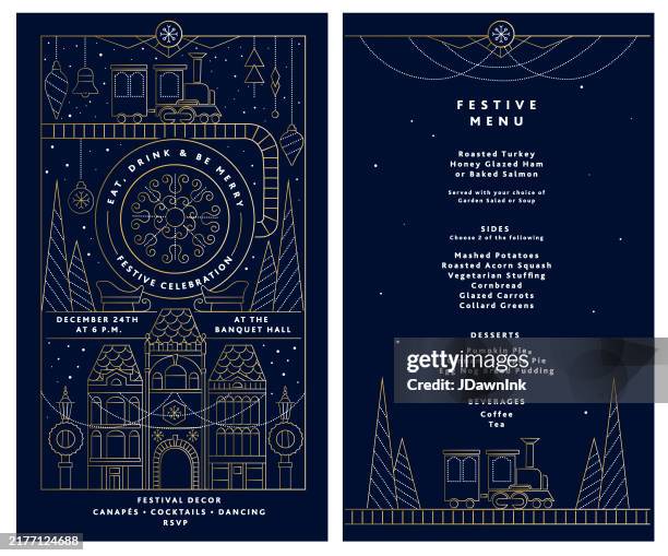 illustrazioni stock, clip art, cartoni animati e icone di tendenza di festa festiva e menu di cibo menu modello di design ornamenti eleganti, stazione ferroviaria con treno e binari, forme geometriche in stile line art - cartolina di natale