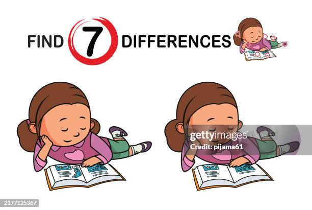 find 7 differences in the picture. girl reading a book on white background. educational game for kids. worksheet page. - finding joy stock illustrations