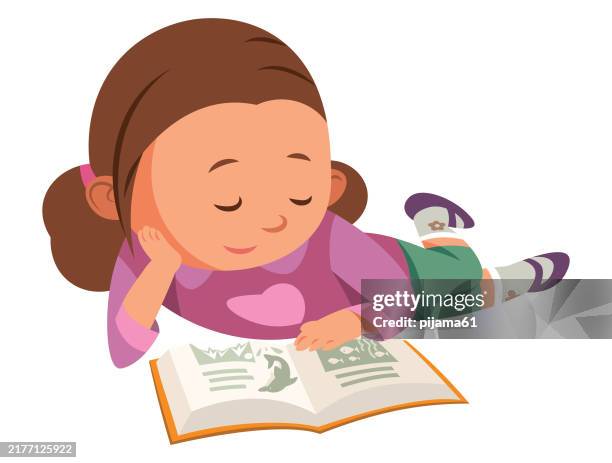 girl reading a book on white background. - child reading stock illustrations
