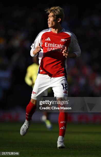 Takehiro Tomiyasu of arsenal in action during the Premier League match between Arsenal FC and Southampton FC at Emirates Stadium on October 05, 2024...