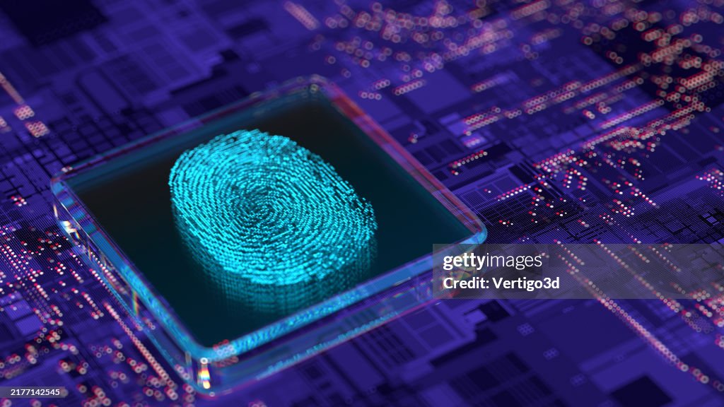 Fingerprint sign on CPU - Person identity. Digital concept with touch screen biometrics security