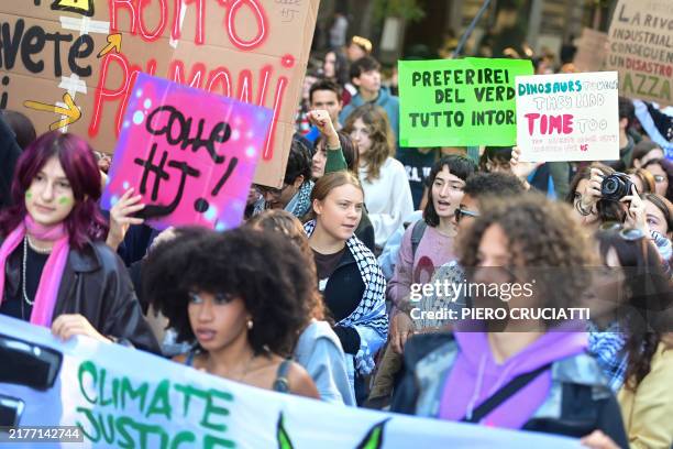 Swedish climate activist Greta Thunberg attends the Fridays For Future demonstration in Milan, on October 11, 2024.