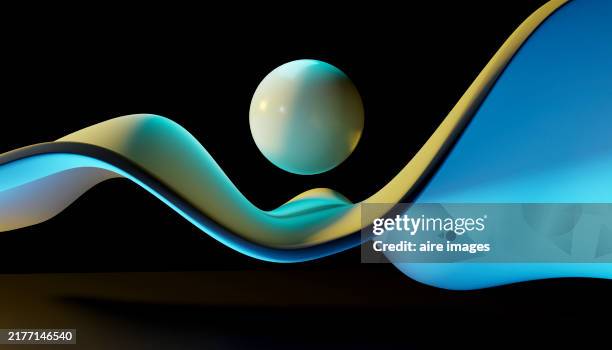 front view of a three-dimensional sphere rendered levitating in a 3d rendered image with liquid and black background - auf-und-ab-springen stock-fotos und bilder