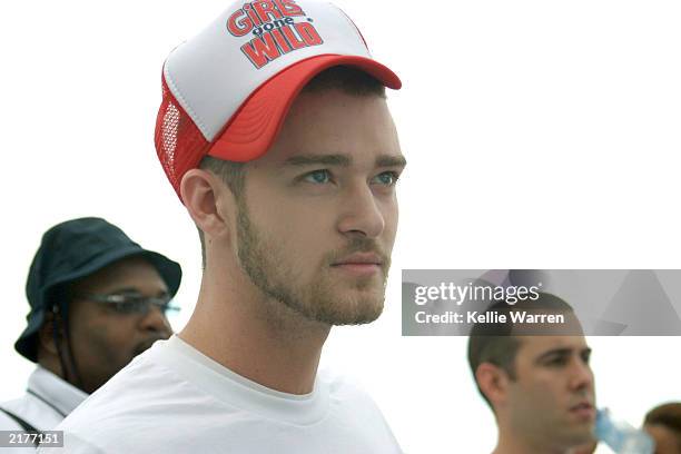 Singer Justin Timberlake waits to start the games at the Celebrity Skills Challenge for the Children event on July 19 at Collins Park in Miami,...