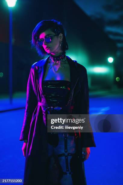 cyberpunk. gothic style. fashion model - emo subculture stock pictures, royalty-free photos & images