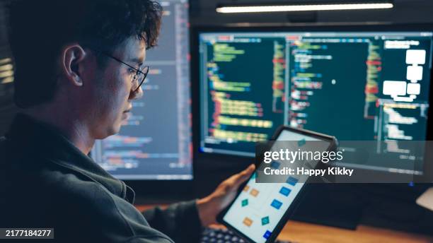 white man programmer or it specialist software developer with glasses working late into the night examining ux ui flowcharts and design wireframes for a mobile app,integrating design and development on dual monitors computer - software programmer stock pictures, royalty-free photos & images