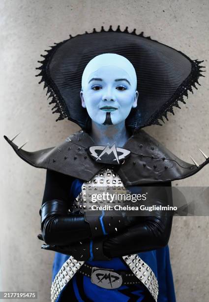 Cosplayer dressed as Megamind poses at 2024 Los Angeles Comic Con at Los Angeles Convention Center on October 06, 2024 in Los Angeles, California.