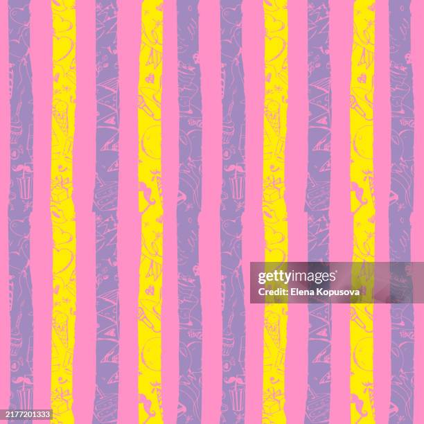 happy birthday, cartoon style hand drawn background. cute hand drawn birthday illustrations on an colored striped background. creative stylish vector template. - birthday-balloons-background stock illustrations