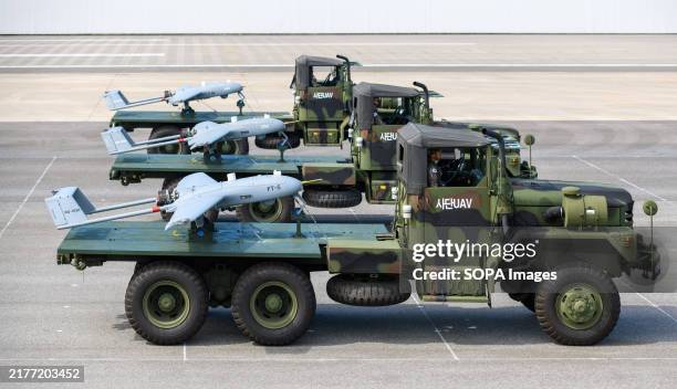 South Korea's unmanned aerial vehicles seen during the 76th anniversary of Armed Forces Day pre-media day at Seoul Air Force Base in Seongnam, south...