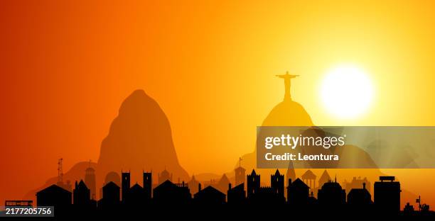 bildbanksillustrationer, clip art samt tecknat material och ikoner med rio de janeiro skyline silhouette (all buildings are complete and moveable) - solnedgång