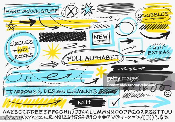 illustrations, cliparts, dessins animés et icônes de alphabet dessiné à la main avec élément de design griffonné - boîte au lettre