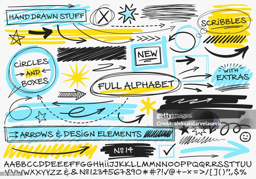 手描きのアルファベットと走り書きのデザイン要素