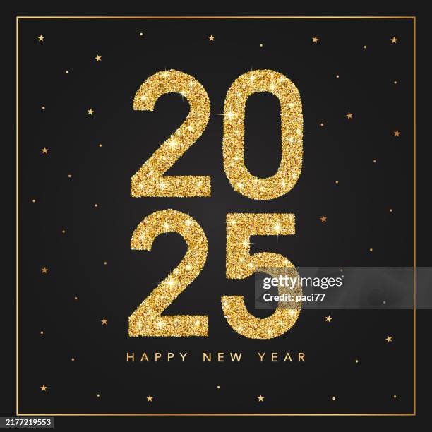 ilustrações de stock, clip art, desenhos animados e ícones de happy new year 2025 greeting card on black background with number in gold glitter. - cartão de ano novo