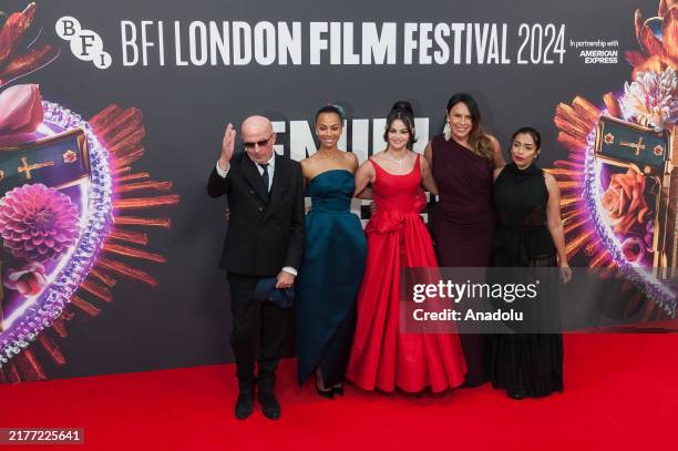 Jacques Audiard, Zoe Saldana, Selena Gomez, Karla Sofia Gascon and Adriana Paz attend the premiere of 'Emilia Perez' during the 68th BFI London Film...